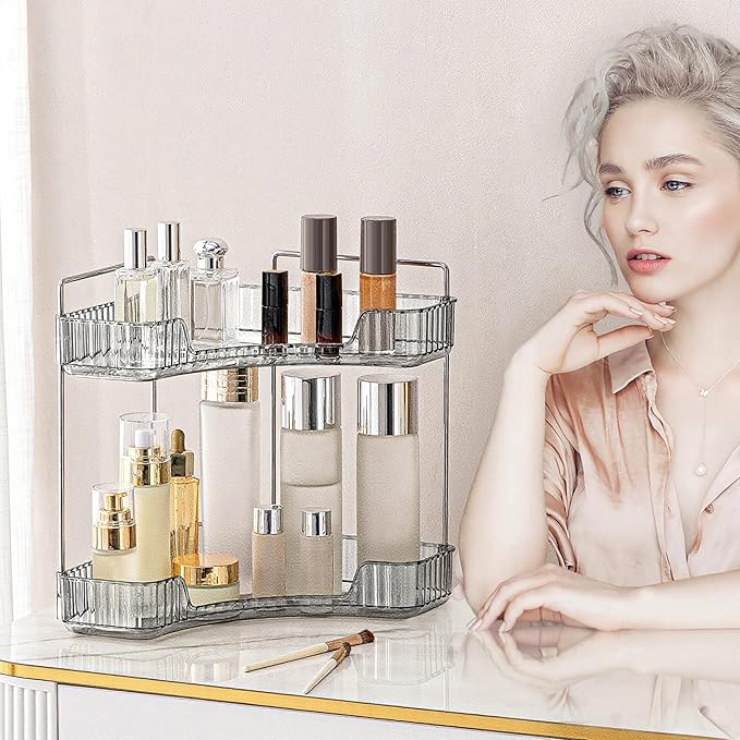 INVSSENE Corner Bathroom Countertop Organizer, 2 Tiers Vanity Trays for Counter, Makeup Organizers, Perfume Tray, Kitchen Spice Rack, Smoky Gray