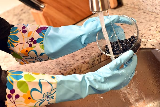 Household Gloves Latex-Free, 15" Long Cuff, Soft Lining, Adjustable Strap, Multi-Layer Protection, Flexible, Comfortable, Chemical-Resistant, Reusable for Cleaning, Dishwashing, 4 Pair Medium