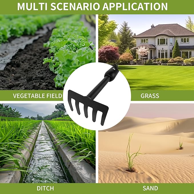 Garden Rake - Small Rake for Gardening with Telescopic Adjustable Handle (27-39”), Mini Rake for Tight Spaces, Flower Beds, Pots - No Bending & Elderly Friendly, Non-Slip Small Garden Rake