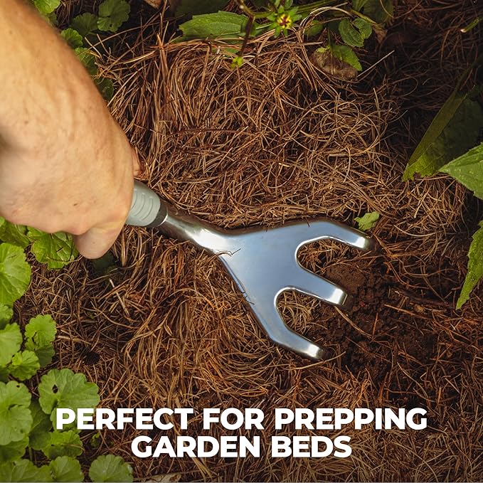 Woodland Tools Heavy Duty Hand Cultivator, 3-Prong Garden Claw Tiller Tool with Anodized Aluminum Head and Soft Ergonomic Grip, Manual Soil Cultivator for Weeding, Digging, and Breaking Up Dirt
