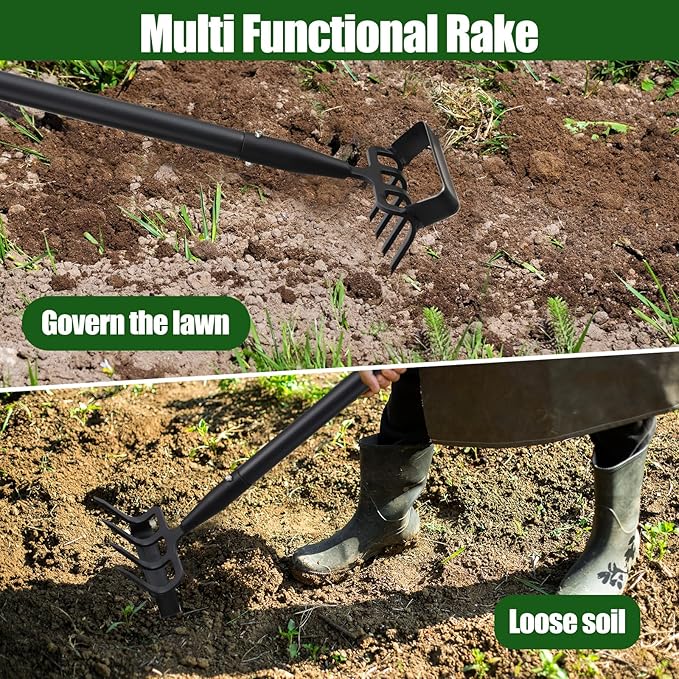 2-in-1 Garden Hoe Tool, Adjustable Length from 37 to 48inch, Ergonomic Design for Weeding and Raking, Durable and Rust-Proof Blade, Save Time and Effort