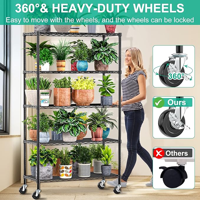 Folews 5 Tier Storage Shelves with Wheels - Adjustable Wire Shelving Unit Metal Shelves for Storage Rolling Utility Shelf Organizer Rack for Kitchen Garage Pantry Closet Laundry(14D x 36W x 75H)