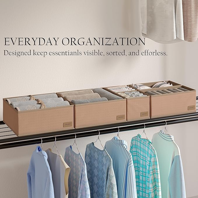 Drawer Organizer Clothes – Set of 6 Foldable Fabric Storage Bins for Dresser & Closet, Strong Structure, Fragrance Sachets Included, Organize Underwear, Socks, Baby Items, Cream