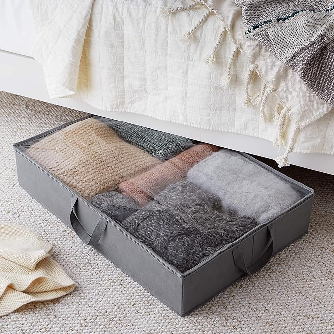 Amazon Basics Under Bed Storage Bags for Clothes, Blankets and Linens, Foldable Fabric Containers with Clear Window and Handles, 30.2" x 20" x 5.7", Gray, 2-Pack