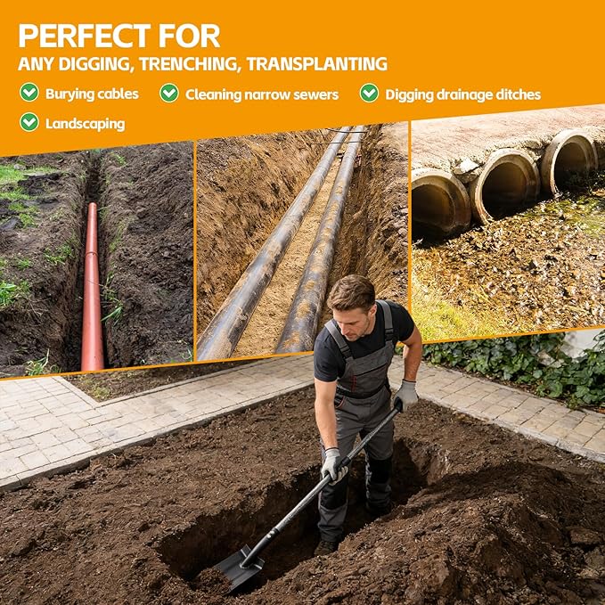 60-Inch Adjustable Long Handle Trench Shovel - 4 Inch V-Shape Garden Spade with Foot Step, Ergonomic Back-Saver Design for Easy Digging, Weed Removal, Edging, Planting, and Home Landscaping Projects