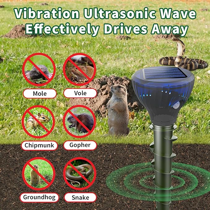 4 Pack Mole Repellent Solar Powered,Gopher Repellents,Solar Powered Waterproof Vole Repellent, Flash&Vibration is Suitable for Lawn, Courtyard and Outdoor Mole Deterrent for Yard