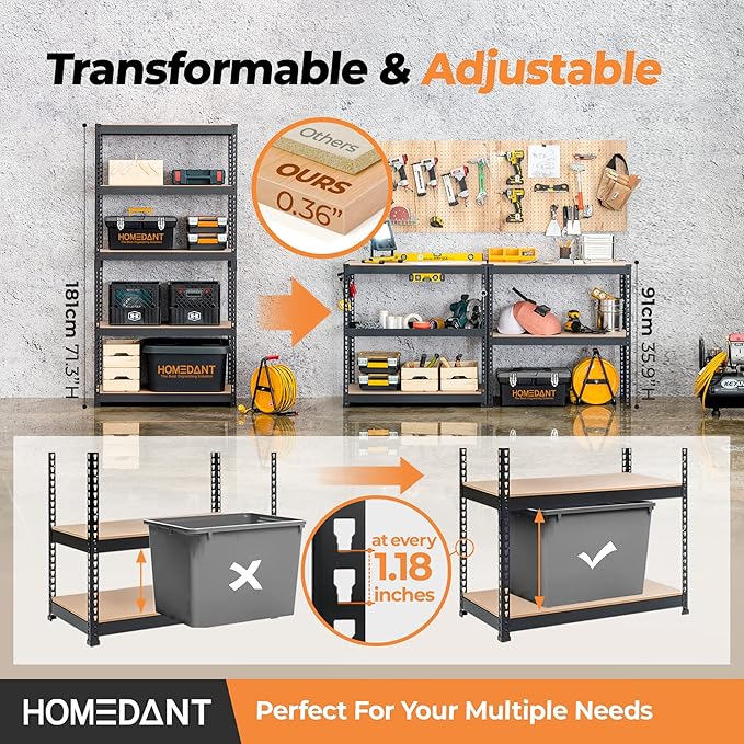 HOMEDANT 35.9" W 5 Tier Heavy Duty Garage Shelving Adjustable Metal Rack Storage Shelves Standing Shelf Unit Organizers Pantry Closet Black 2Pack