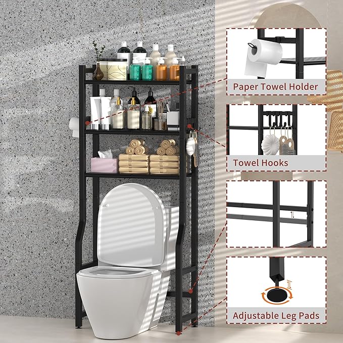Livilord 3 Tier Over The Toilet Storage Rack with Toilet Paper Holder, Metal Freestanding Bathroom Shelves with 4 Hooks, Over Toilet Storage Shelf for Bathroom Storage, Black