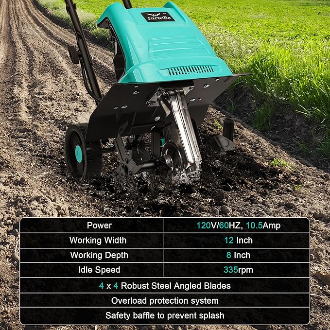 Electric Rototiller Garden Tiller 12 Inch Tilling Width 8-Inch Electric Tiller 10.5 Amp Tiller Cultivator for Garden Yard