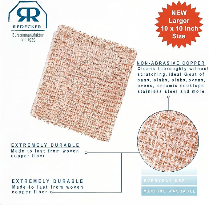 Redecker Large Copper Cleaning Cloth – 2 Pack – Woven Copper Scrubber for Pots Pans Sinks and Stainless Steel – Removes Burnt Food Residue – 10 x 10 in – Made in Netherlands