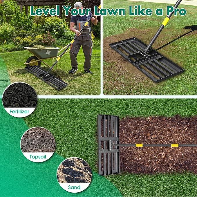 Lawn Leveling Rake,30x10 Inch Ground Plate,72 Inch Adjustable Long Handle Yard Level Tool with Curved Edge,Heavy Duty Large Landscaping Lawn Leveler for Grass, Golf Field, Soil Sand Dirt Spreader