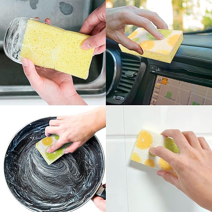 CELOX Lemon Printed Dual Sided Scrub Dish Sponges, Non Scratch Sponge for Kitchen Cleaning, 4.5" x 2.8" x 0.8" (6)