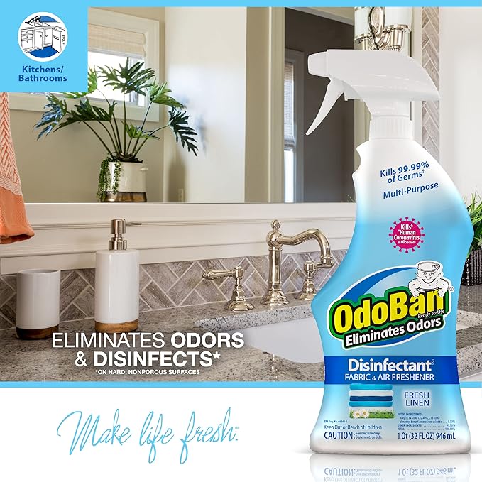 OdoBan Ready-to-Use Disinfectant and Odor Eliminator, Made in the USA, Fresh Linen Scent, Set of 3, 2 Spray Bottles, 32 Ounces Each and 1 Gallon Concentrate