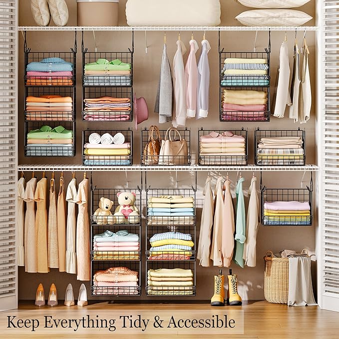 X-cosrack 3-Tier Hanging Storage Organizer for Closet, Laundry & Utility Room | Space Saving Shelves with 1.65" Hook & 5 S-Hooks | Hanging Wire Baskets (12.4" W x 8.8" H x 10.24-11.8" D)