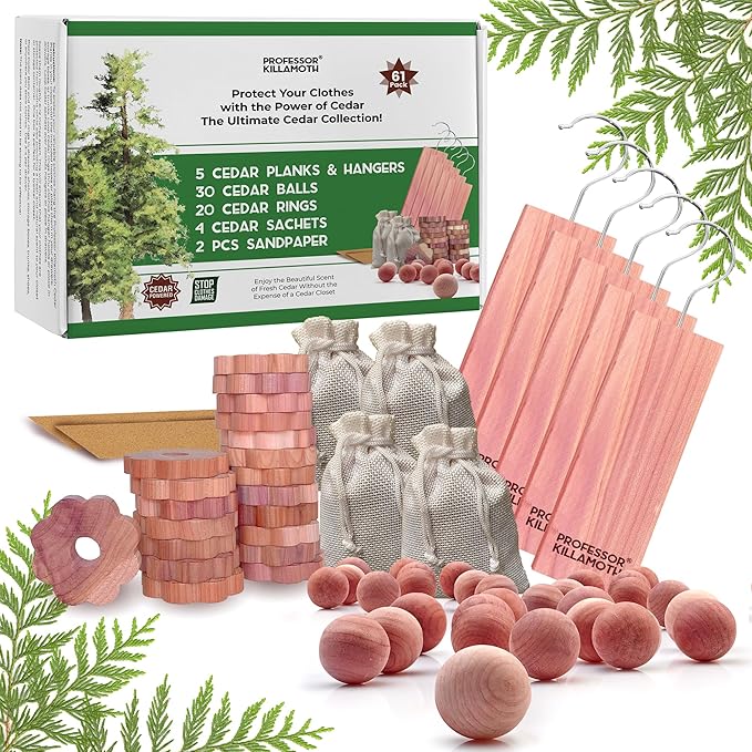 Professor Killamoth 61 Pack Cedar Blocks, Sachets, Rings, Balls - Stop Clothes Damage - The Ultimate Cedar Collection to Protect Your Clothes