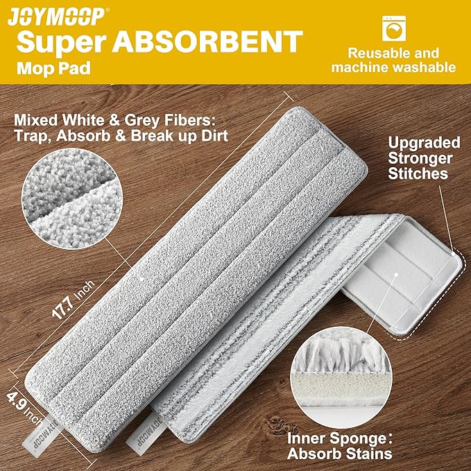 JOYMOOP 17.7-Inch Microfiber Flat Mop Replacement Pads – Washable Reusable Grey & Stripe, Pack of 2 Wet & Dry Refill for JOYMOOP Flat Mop & Mop Bucket Set