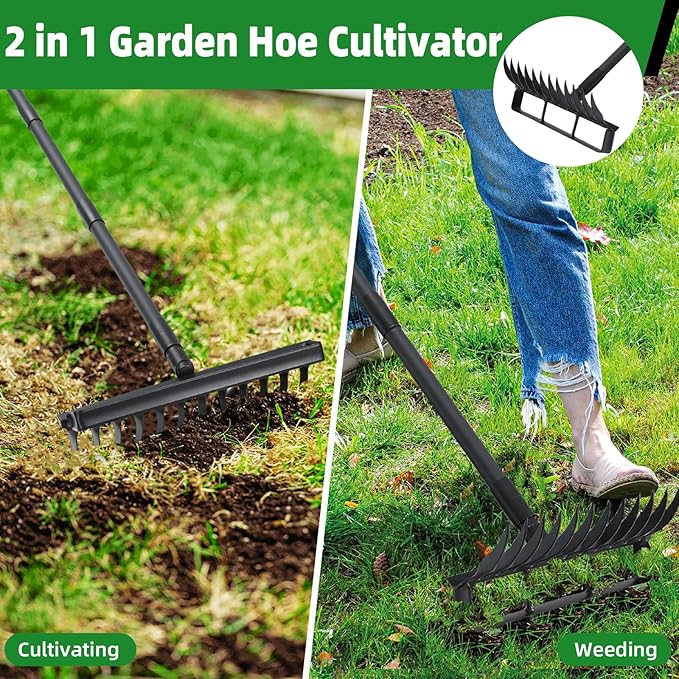 76.8" Garden Hoe and 12 Tines Rake 2-in-1 Garden Tool for Weeding, Garden Cultivator with Adjustable Long Handle Heavy Duty Weed Puller Stirrup Hoe for Ditching, Seeding, Loosening Soil