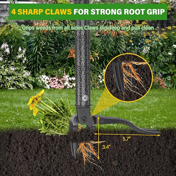 Weed Puller Tool, 4 Claw Stand Up Manual Weeder, Heavy Duty Weeding Tool with 60 inch Long Handle,Steel Head,Uprooting Dandelion Removal Gardening Tools for Farm Lawn Grass Removal