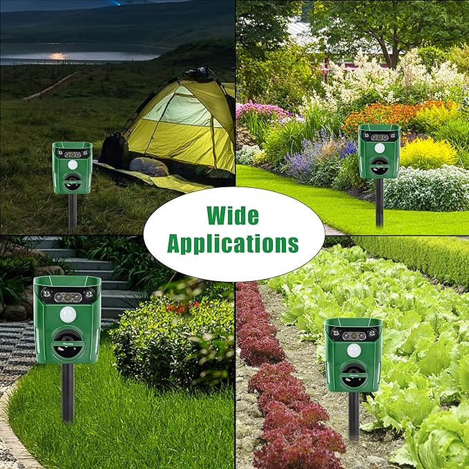 Ultrasonic Animal Repeller, Outdoor Waterproof Solar Animal Deterrent Repellent with Motion Sensor & LED Flashing Lights, Drive Away Cats, Squirrels, Rats, Skunks, Raccoons and Deer