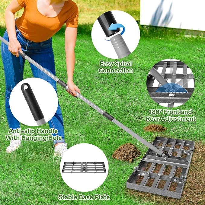 REAPALOT Lawn Leveling Rake, Lawn Leveler with Stainless Steel Long Handle, Heavy Duty Yard Level Tool for Leveling Soil, Sand Or Dirt Surfaces, Gardening Gloves Gift Included (30x10in)