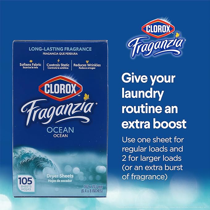 Clorox Fraganzia Fabric Softener Dryer Sheets, Wrinkle Reducing and Anti Static Laundry Dryer Sheets for Great Smelling Clothes, Softens Fabrics, Fresh Ocean Scent, 105 Count