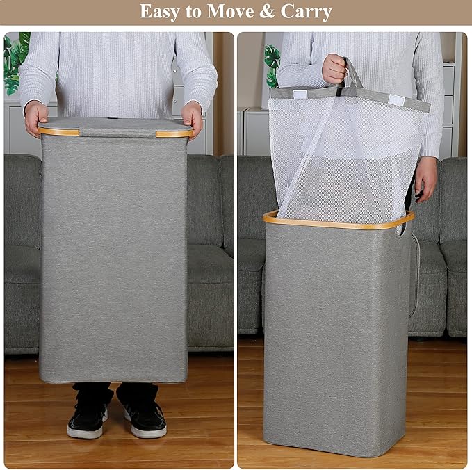 iEGrow Laundry Hamper with Lid, 110L Large Laundry Hamper with Handle and Lid, Collapsible Clothes Basket Organizer with Removable Inner Bag for Clothes Toys Towels - Grey