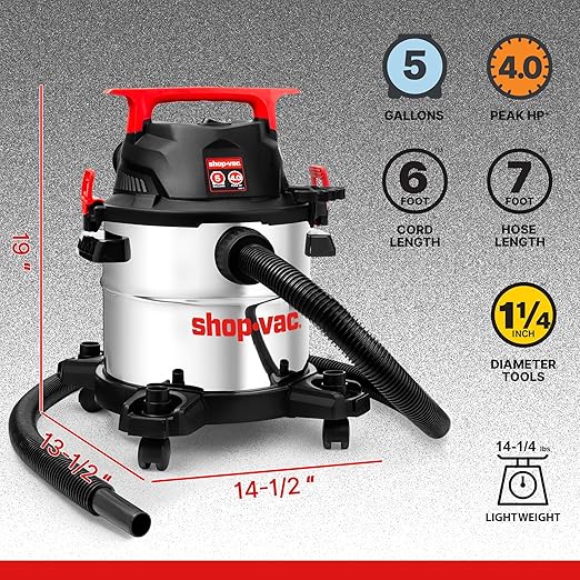 Shop-Vac 5430162 Wet/Dry Vacuum, 5 Gallon, 4 Peak HP, 1-1/4 Inch Diameter x 7 Foot Hose, 6 Foot Cord, Ideal for Jobsite, Garage, Workshop & Home