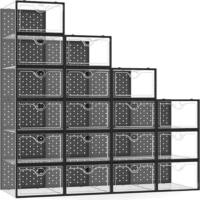 Pinkpum 18 Pack X-Large Shoe Storage Boxes Fit Size 12, Shoe Organizer for Closet Clear Plastic Stackable Shoe Dispaly Case Holder Bins, Sneaker Storage for Sneakerheads Black