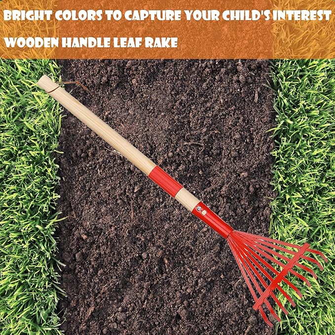 Small Leaf Rake-Wooden Handle Leaf Rake for Little Helper Courtyard/Garden Leaves Cleaning for Kids (Red)