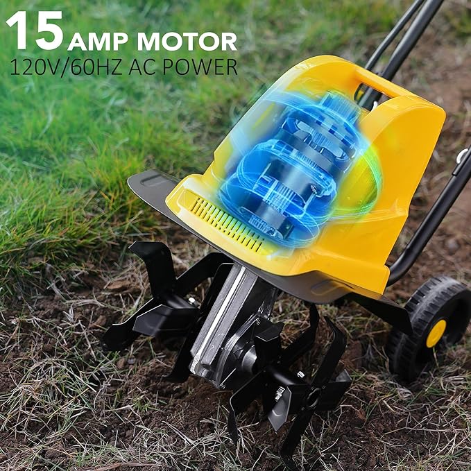 Electric Tiller/Cultivator 4 Steel Tines, Garden Roto Tillers for Gardening, 15Amp 12 Inch Corded Rototiller with Adjustable Wheels