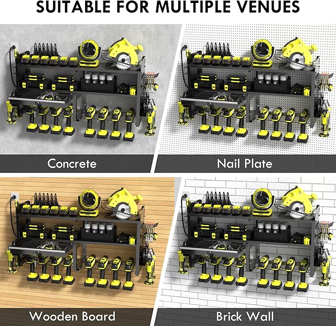 KSVO Power Tool Organizer Wall Mount with Drill Holder, Grinder Bracket, Hammer and Pliers, Locking Drawer, 6-Outlet Charging Rack - Heavy Duty Metal Tool Storage Garage, Workshop (Yellow)