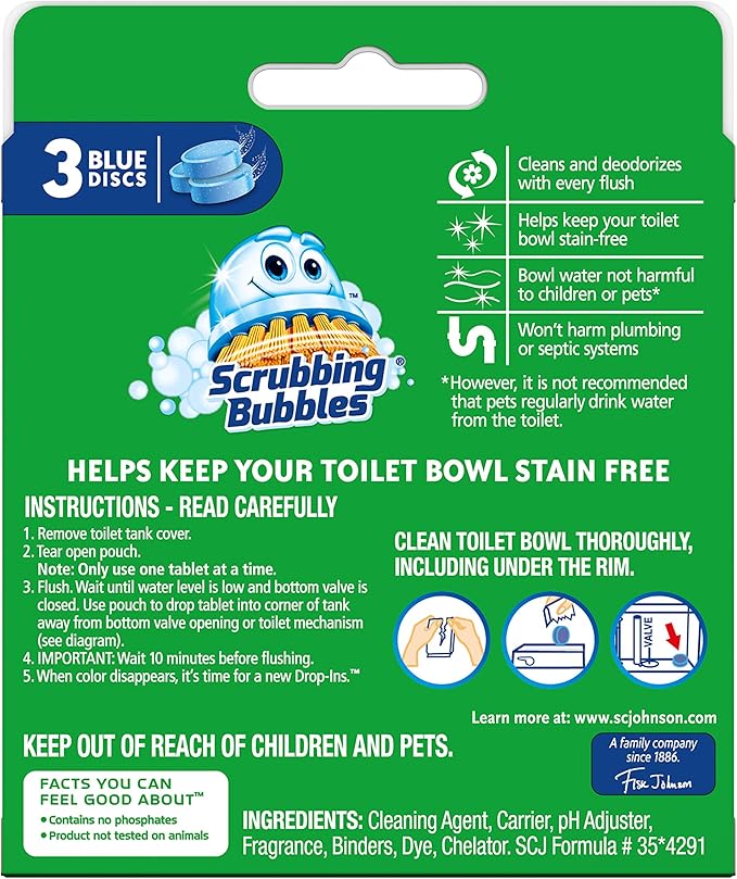 Scrubbing Bubbles Continuous Clean Toilet Drop-Ins, Automatic Blue Toilet Bowl Cleaner, Septic-Safe Tank Tablets Remove Hard Water Minerals & Limescale, Stain & Smell Protection, 3 Count (Pack of 2)