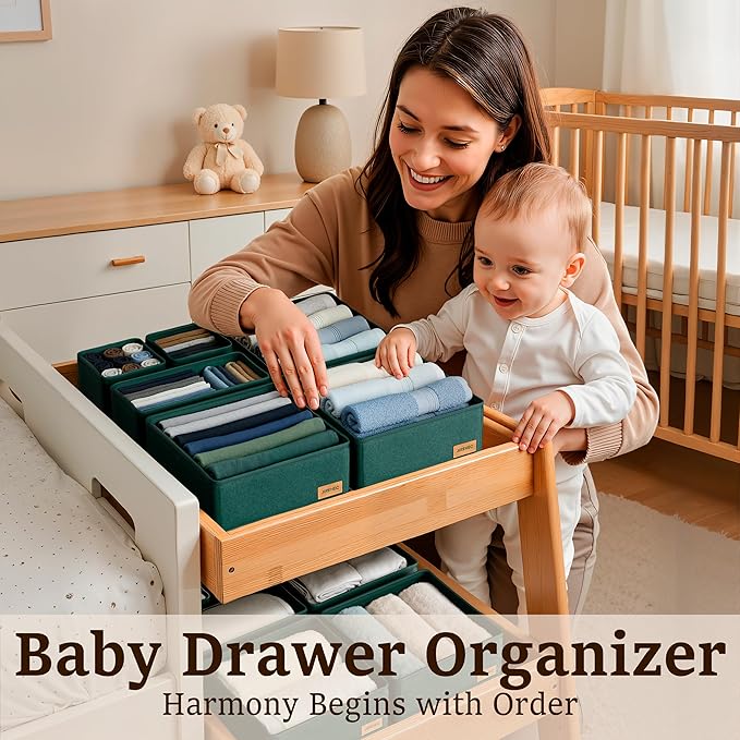Drawer Organizer Clothes – Set of 6 Foldable Fabric Storage Bins for Dresser & Closet, Strong Structure, Fragrance Sachets Included, Organize Underwear, Socks, Baby Items, Green