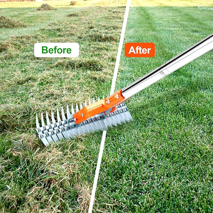Thatch Rake, 15 Inch Lawn Thatching Rake, Heavy-Duty Dethatcher Rake with Gloves, 64 Inch Versatile Grass Grooming Rake for Withered Grass Cleaning Yard Garden Soil Rake
