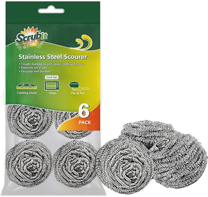 SCRUBIT 6 Pack Stainless Steel Scourers – Steel Wool Scrubber Pad Used for Dishes, Pots, Pans, and Ovens. Easy scouring for Tough Kitchen Cleaning.