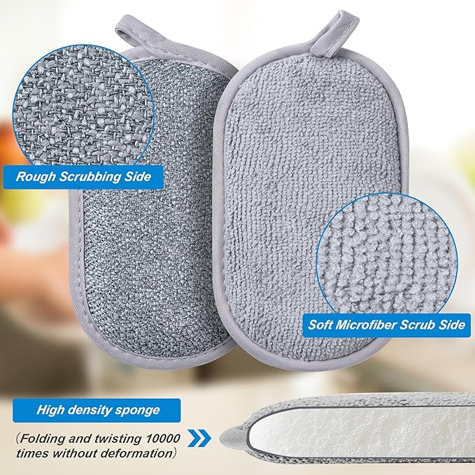 Dual-Sided Multi-Purpose Scrub Sponges, Non-Scratch Dishwashing Sponges for Kitchen, Reusable Microfiber Sponge for Efficiently Cleaning Dishes, High Density Sponge Inside (6 Pack, Medium) Gray