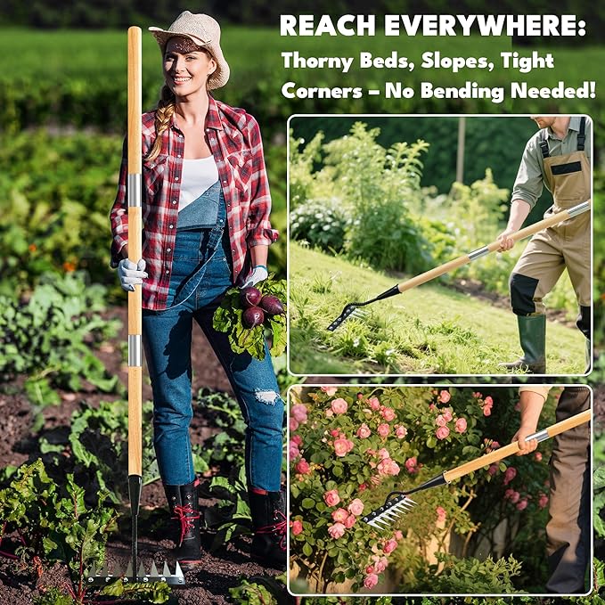 Iron Weeding Rake with Handle 2.0, Upgraded 8 Teeths Garden Weed Puller Tool Heavy Duty Gardening Tool for Lawn, Flower Beds & Soil Aeration