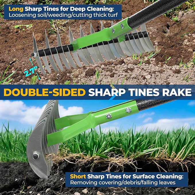 Garden Rake 51" – Dual-Sided Shrub Rake with 13" Sharp Metal Tines, Lightweight Multi-Purpose Yard Tool, Reversible Head for Lawn, Soil, Shrub, Mulch & Leaf Cleanup