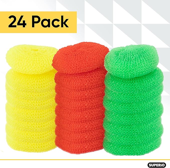 Nylon Scouring Pads-Dish Scrubbers, for Dishes, Pots, and Stoves, Durable Mesh Scourers, for Tough Cleaning. Nylon Dish Scrubbers, Assorted Colors (Superio) (24 Pack)