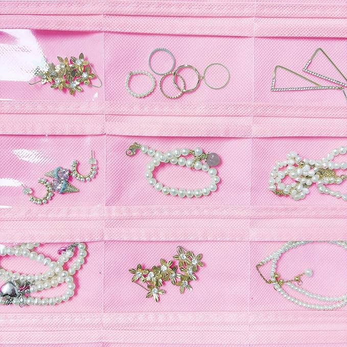 1 Pack Hanging Jewelry Organizer 80-Pocket Dual-sided Jewelry Storage for Earring Necklace Bracelet Ring Travel Holder, Pink