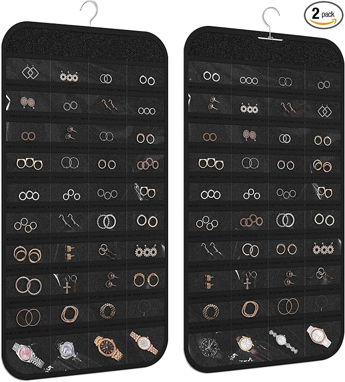 2 Pack Hanging Jewelry Organizer 80-Pocket Dual-sided Jewelry Storage for Earring Necklace Bracelet Ring Travel Holder, Black