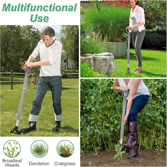 Weed Puller Tool,Gardening Stand Up Weeding Tool with 40" Long Handle Heavy Duty,4-Claws Manual Weeder Remover,Weeder Root Without Bending for Dandelion Gardening Yard Patio（Grey）
