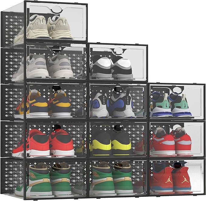 Pinkpum 12 Pack XXL Shoe Storage Box Fit for Size 14, Clear Plastic Stackable Shoe Organizer for Closet, Shoe Containers Sneaker Storage Clear and Black