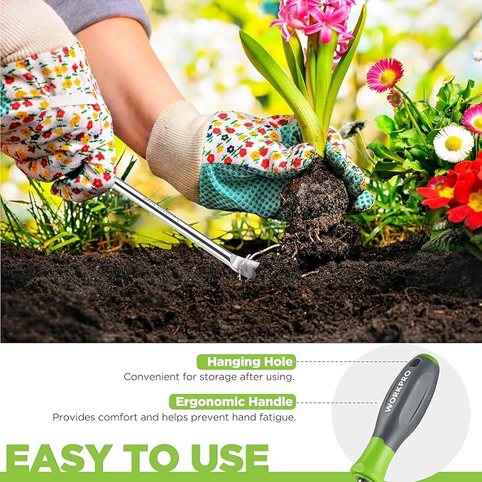 WORKPRO 11.5" Dandelion Weeder Puller Tool with Soft Handle, Polished Stainless Steel Garden Weed Remover Tool, Two-Pronged Fork Weeder Tool for Lawn Farmland Transplant Gardening Plant Tool