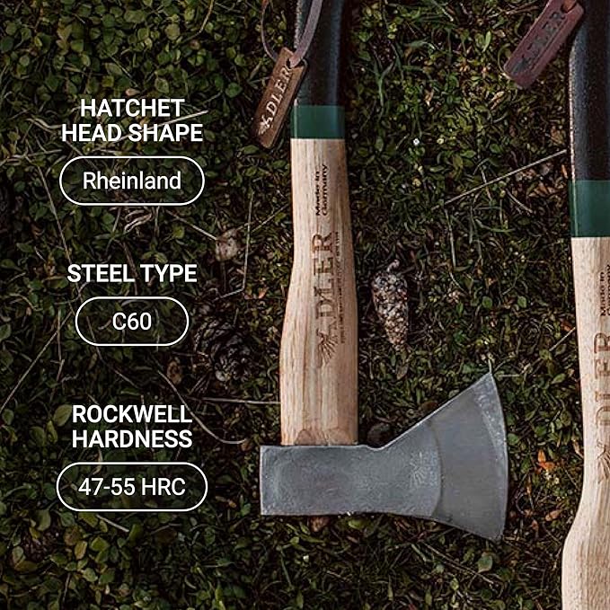 Adler Rheinland Camping Hatchet with Leather Sheath - German Forged, 14" Hickory Handle, Compact Hatchet for Hiking, Bushcraft, Wood Carving, Preparing Kindling (Red Stripe)