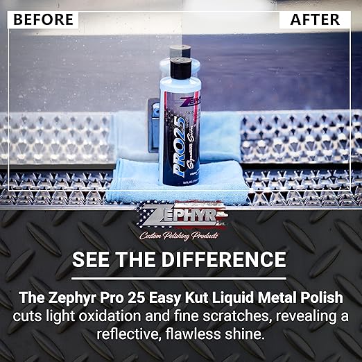 Zephyr - Pro 25 Easy Kut Liquid Metal Polish - Stainless Steel, Chrome, & Aluminum Polish - Metal Polishing for Lifted Trucks, Show Vehicles, Motorcycles, & More - 16 oz.