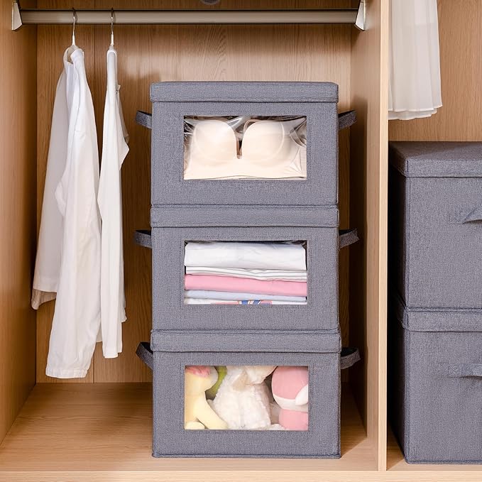 Citylife 3-Pack Collapsible Storage Bins with Lids, Linen Fabric Foldable Storage Boxes, Cube Closet Organization for Clothes, Blankets, Books, Gray