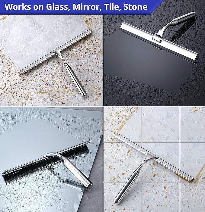 HOME SO Shower Squeegee for Glass Doors – Stainless Steel Squeegee with Adhesive Hooks - Window, Floor & Car Squeegee, Multi-Purpose Bathroom, Mirror & Tile Cleaner - Bathroom Essentials - Chrome 12"