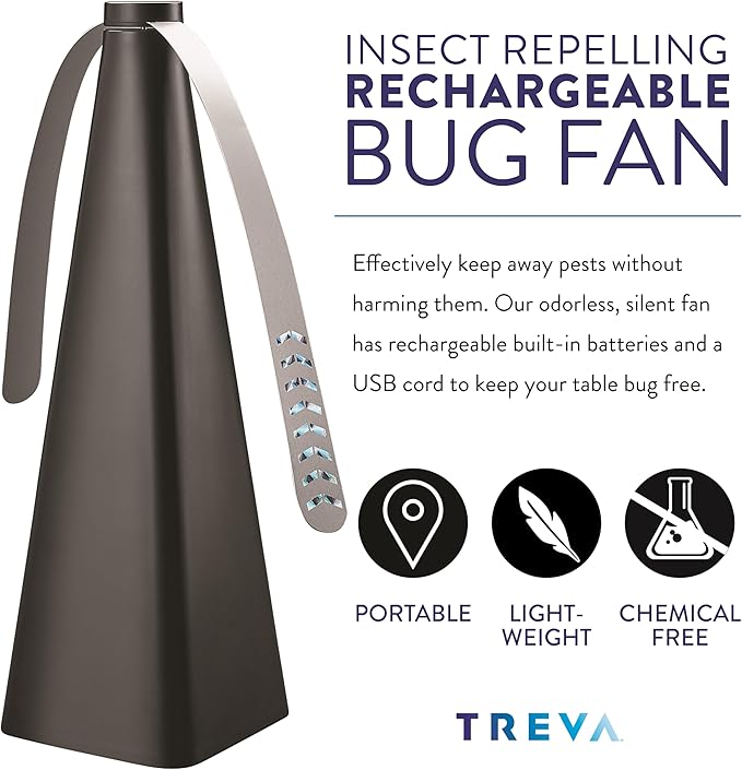 Treva Rechargeable Bug Fan Fly Deterrent with Holographic Blades to Clear Bugs, Mosquitoes, and Flies