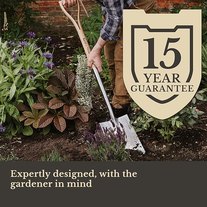 Kent & Stowe Stainless Steel Digging Spade, Traditionally-Styled Garden Spade with Extended Shank and Large Tred, All Year Round Garden Tools Made from Stainless Steel and Ash Wood